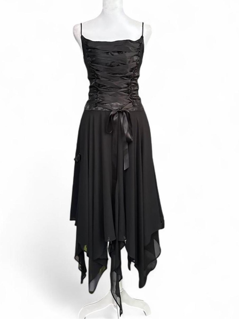 Whimsygoth Y2K corset fairy hem dress satin ribbon lacing